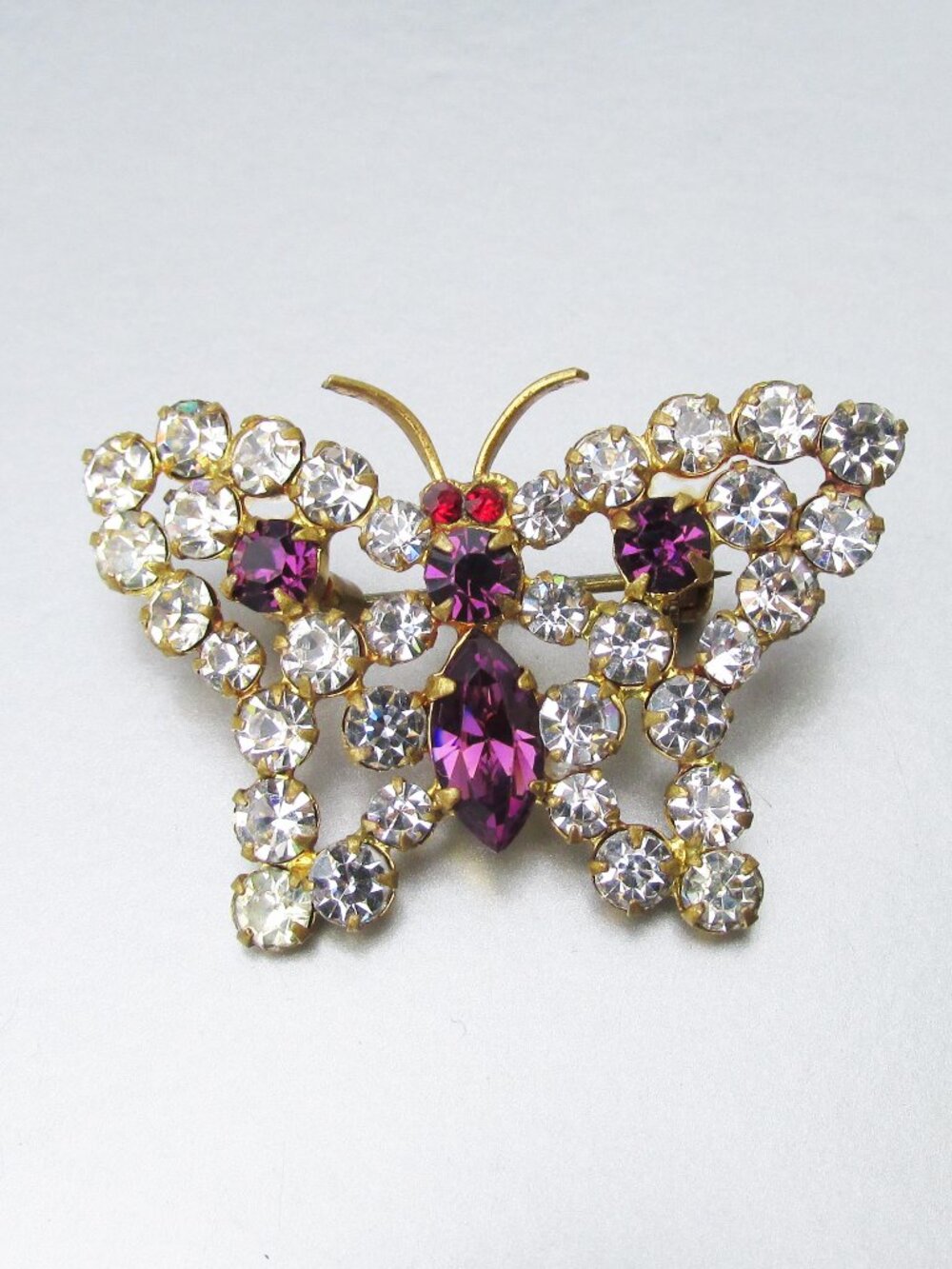 Vintage Signed AUSTRIA Petite Butterfly Purple & Crystal Rhinestone Brooch Pin
